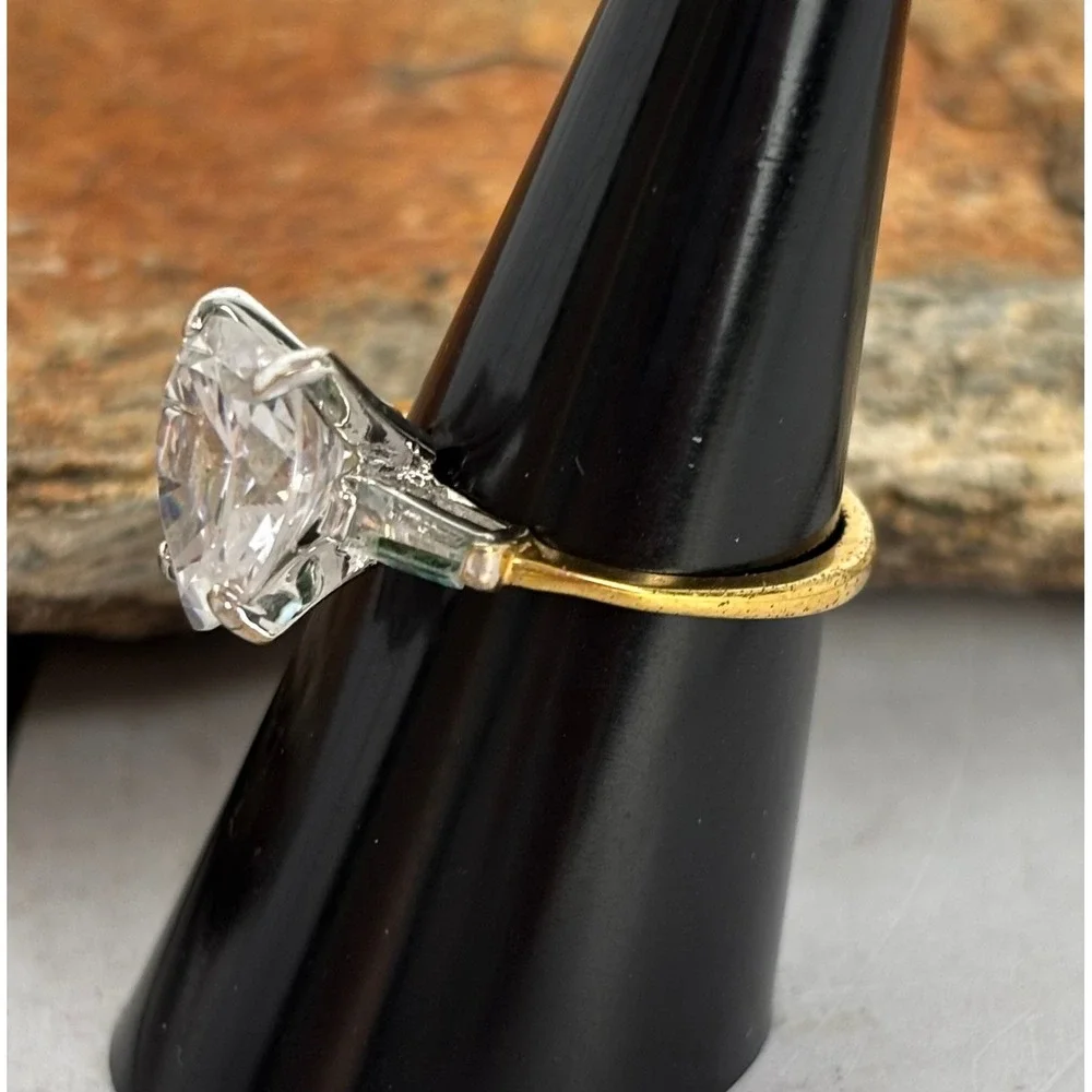 Vintage Heart Cut Cubic Zirconia Gold Silver Statement Ring sz 7 Baguette P167‎